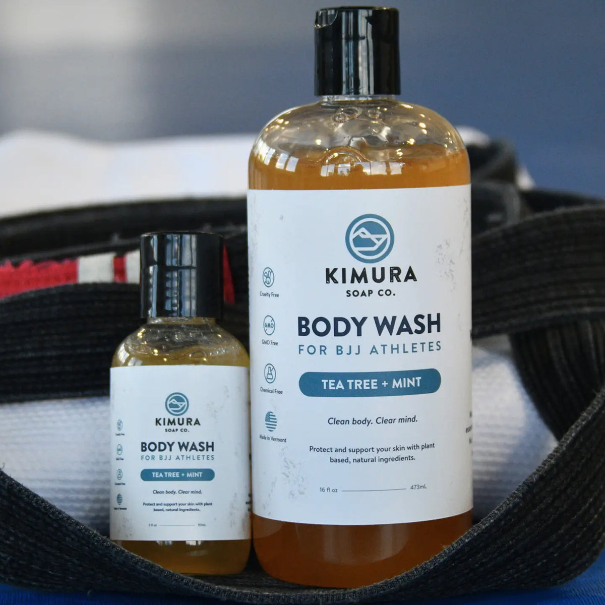Two bottles of Kimura Soap Co. body wash for BJJ athletes 16oz and 3oz